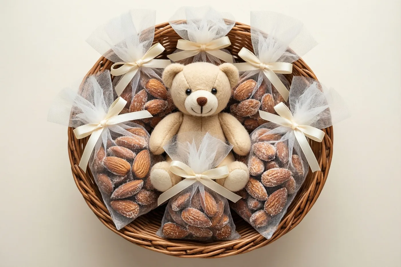 Een beige vilten beertje zit centraal in een rieten mand met tule zakjes suikerbonen en crèmekleurige linten, tegen een effen gebroken witte achtergrond.
