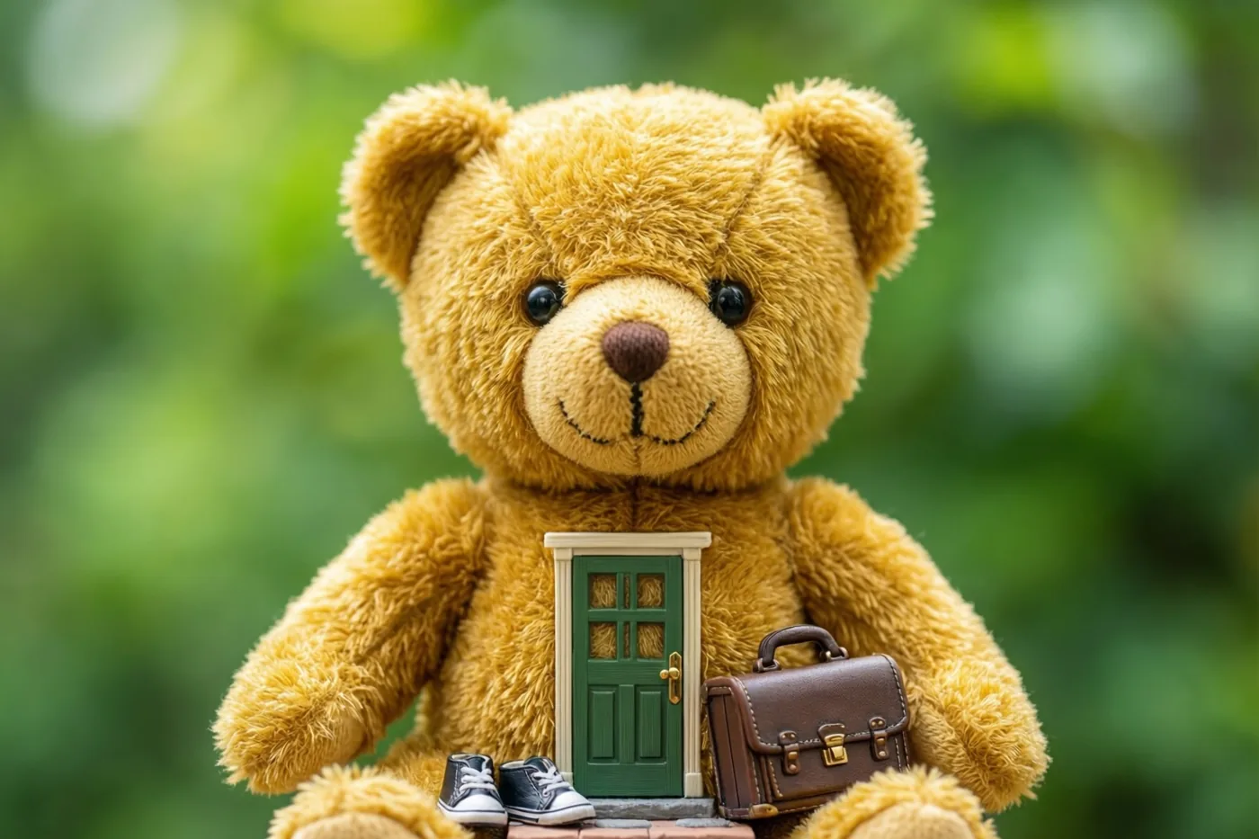 Een teddybeer zit voor een kleine groene deur en houdt een bruine miniatuuraktetas en kleine zwart-witte schoenen vast.