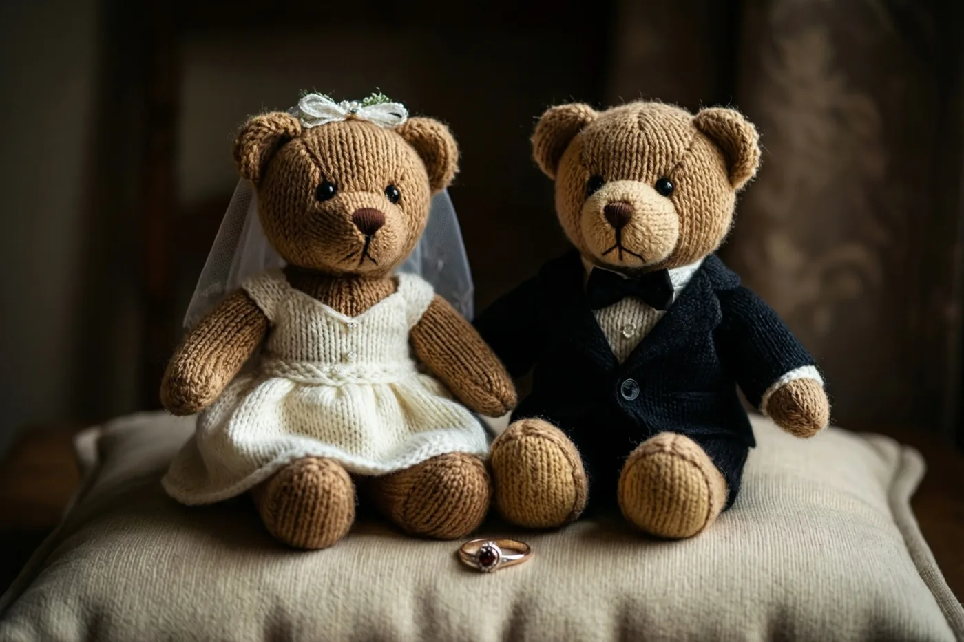 Twee gebreide teddyberen in bruidskleding zitten op een beige ringkussen met één trouwring tussen hen, tegen een wazige donkere achtergrond.