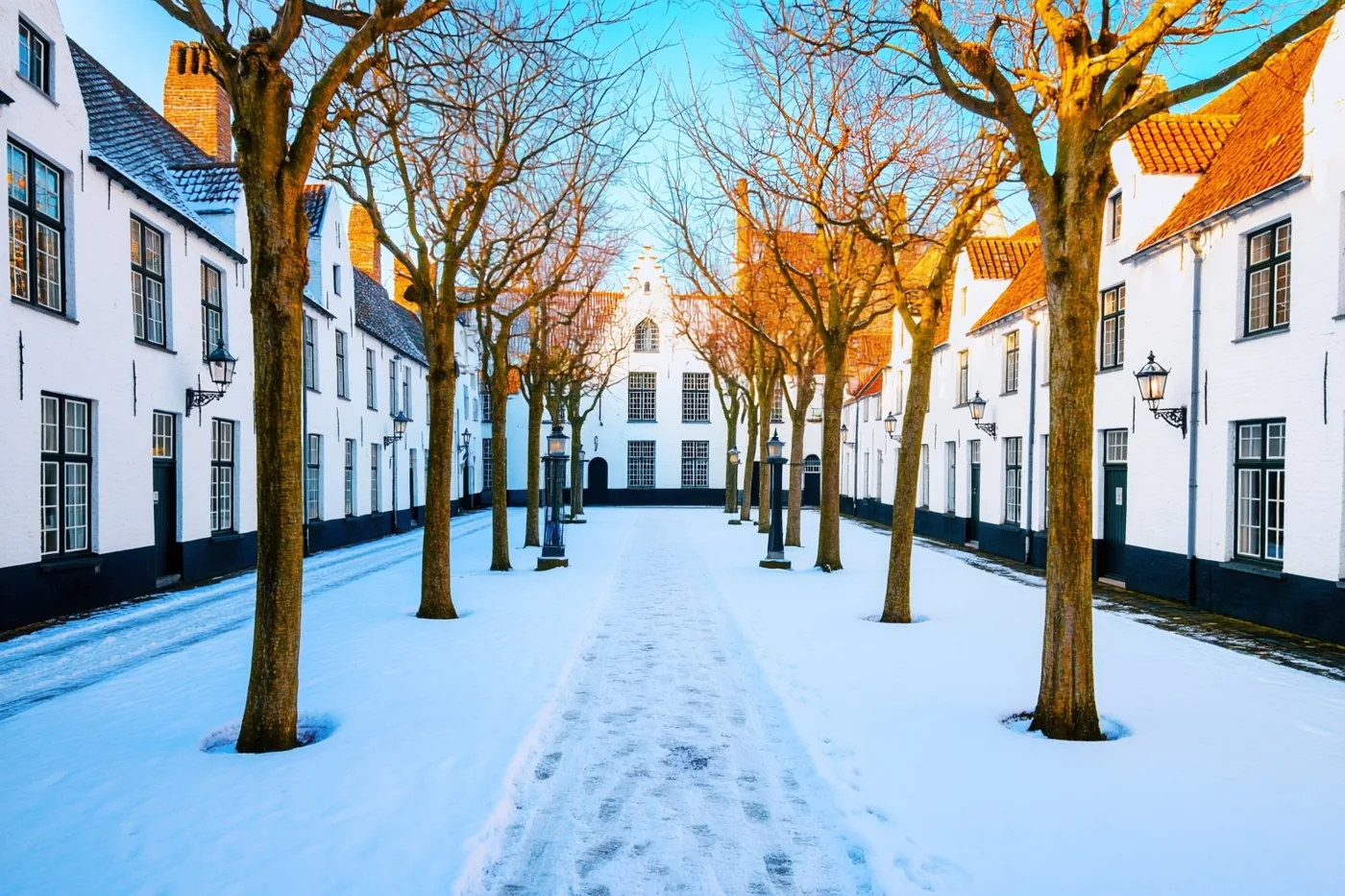 Een besneeuwd binnenplein van een Brugs begijnhof ligt in warm zonlicht, met witte huizen, kale bomen en traditionele lantaarns onder een blauwe lucht.
