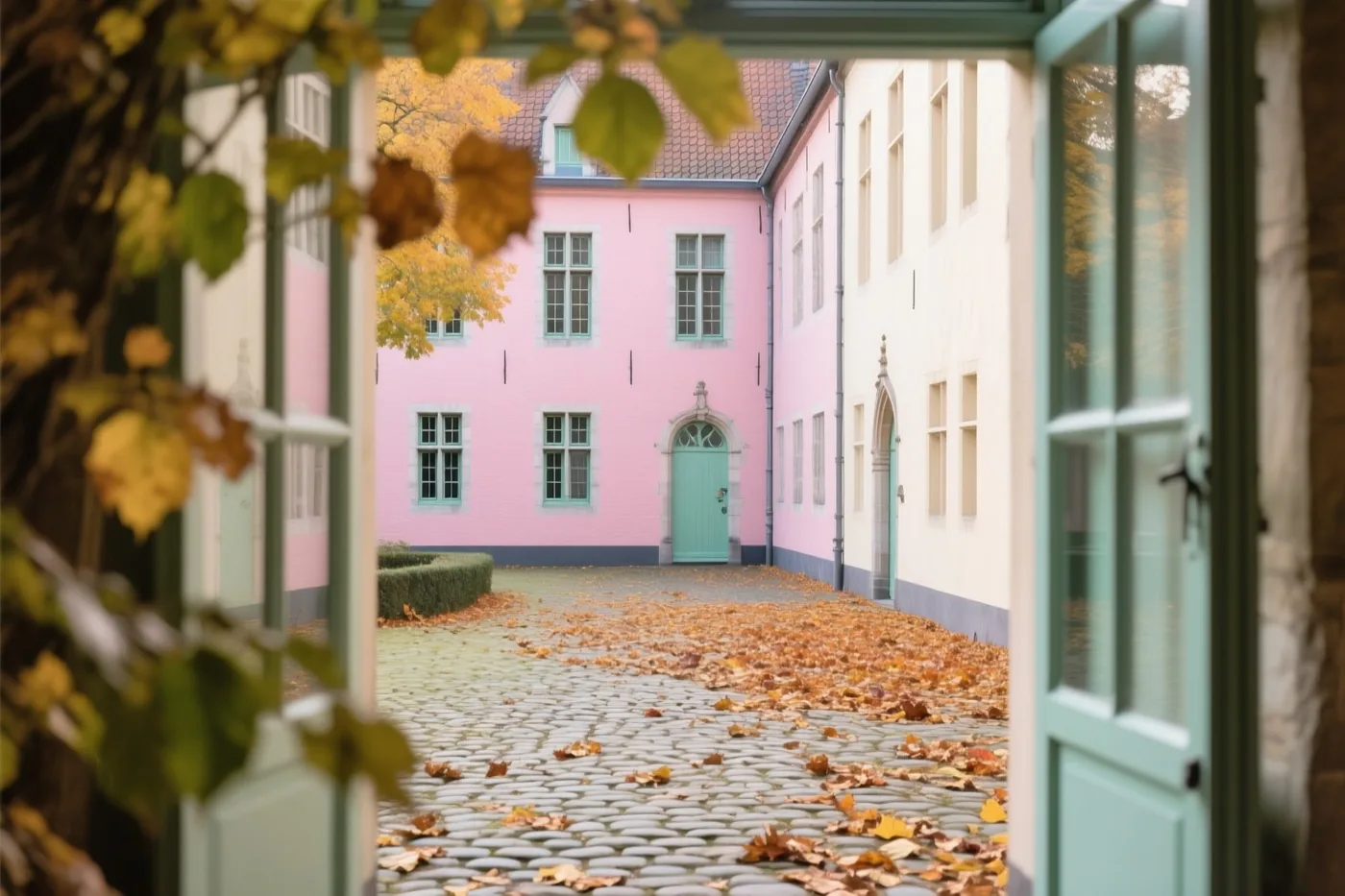 Door een open raam is een binnenplaats van het Leuvense begijnhof te zien met herfstbladeren op de kasseien, een roze gebouw met blauwgroene ramen en deur en een wit gebouw ernaast.