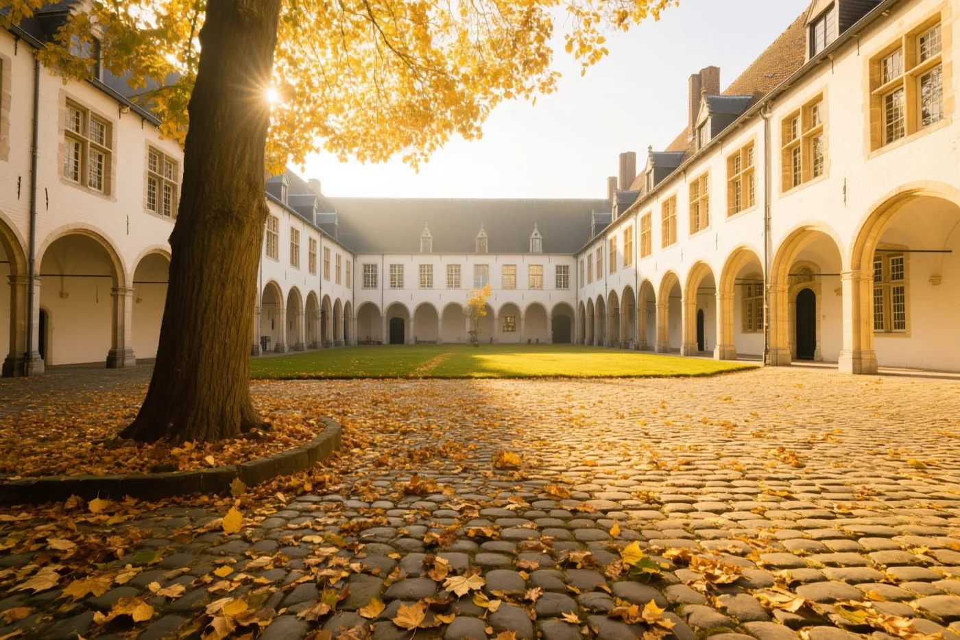 Op een binnenplaats van het Leuvense begijnhof liggen gouden bladeren op de kasseien, tussen witte gebouwen met booggangen en een groen grasveld in warm zonlicht.