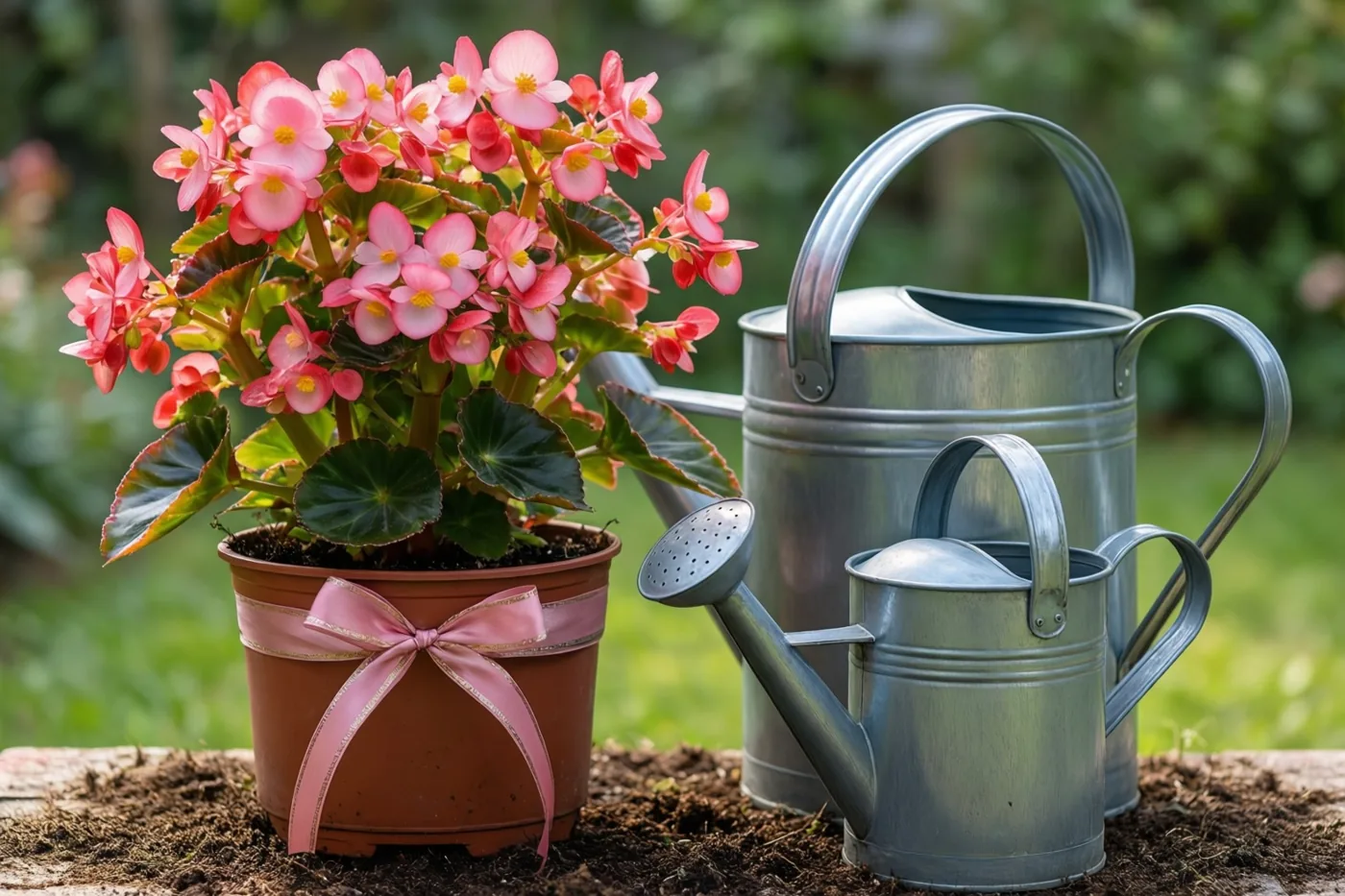 Een roze begonia in een pot met een roze lint staat op tuinaarde naast een grote en een kleine metalen gieter, met onscherp groen op de achtergrond.