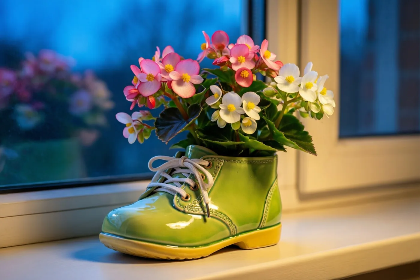 Een groene keramieken babyschoen met een gele zool en witte veters is gevuld met roze en witte begonia's en staat op een warm verlichte vensterbank, met blauwe tinten achter het raam.
