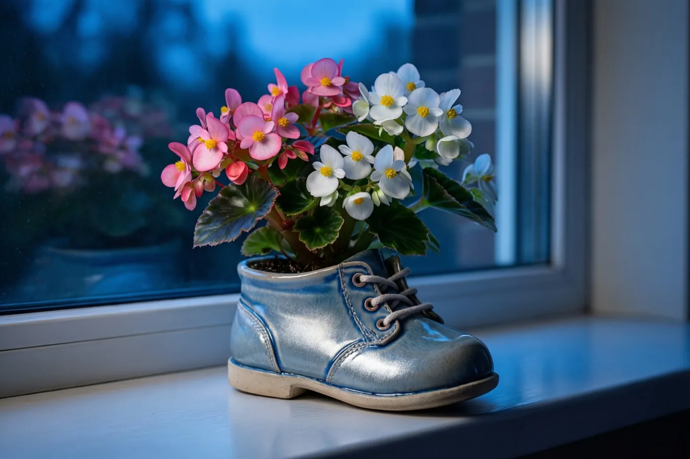 Een keramieken bloempot in de vorm van een babyschoen met roze en witte begonia's staat op een vensterbank in koel blauw raamlicht.