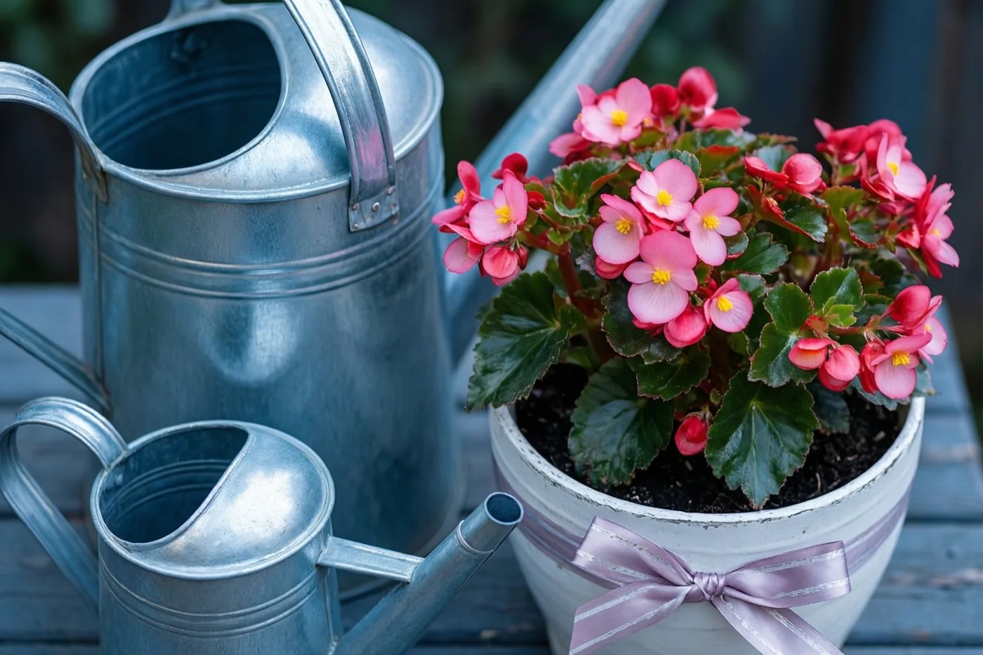Een grote en een kleine verzinkte gieter staan op een houten oppervlak naast een witte keramieken pot met roze begonia's.