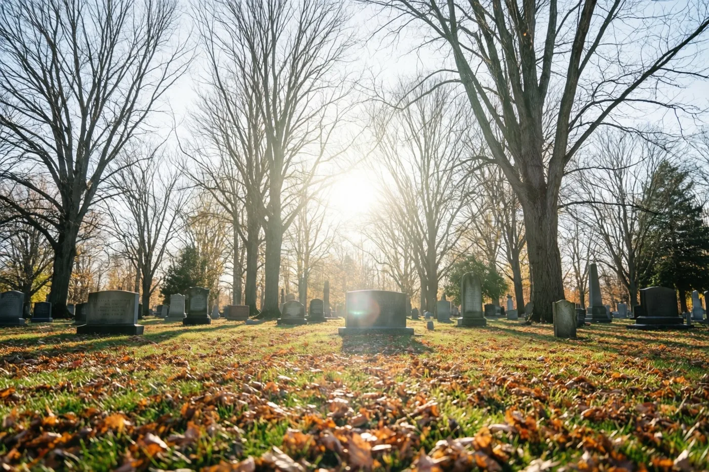Een begraafplaats met kale bomen en gevallen bladeren ligt in het warme gouden licht van een lage novemberzon onder een heldere blauwe hemel.