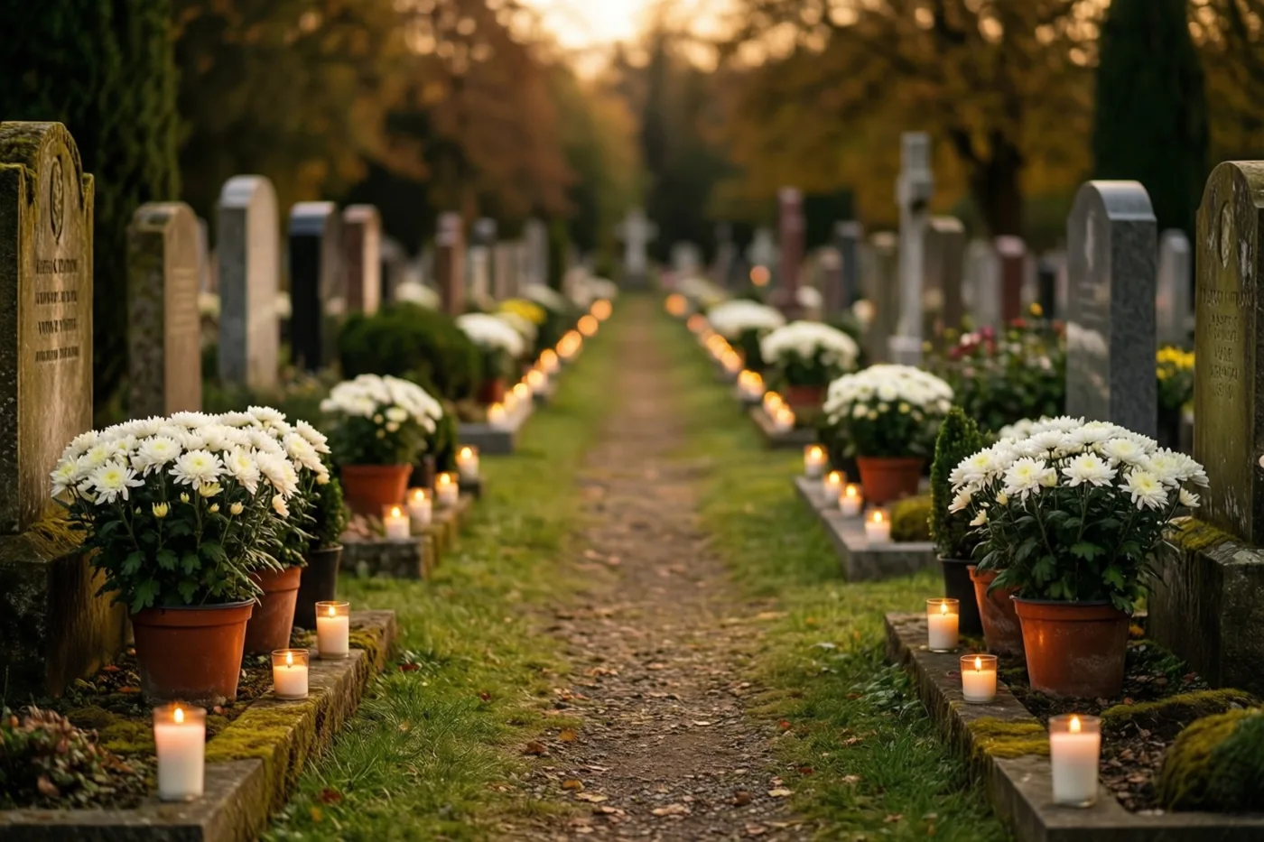Een pad op een begraafplaats met mos is in de schemering aan beide kanten omzoomd met kleine brandende kaarsen en potten witte chrysanten, met bomen op de achtergrond.