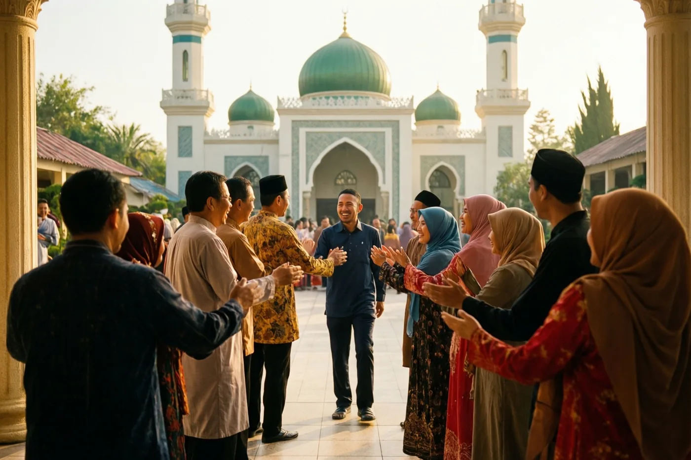 Mensen in traditionele kleding begroeten elkaar met handgebaren voor een moskee met groene koepels en minaretten op een zonnige ochtend.