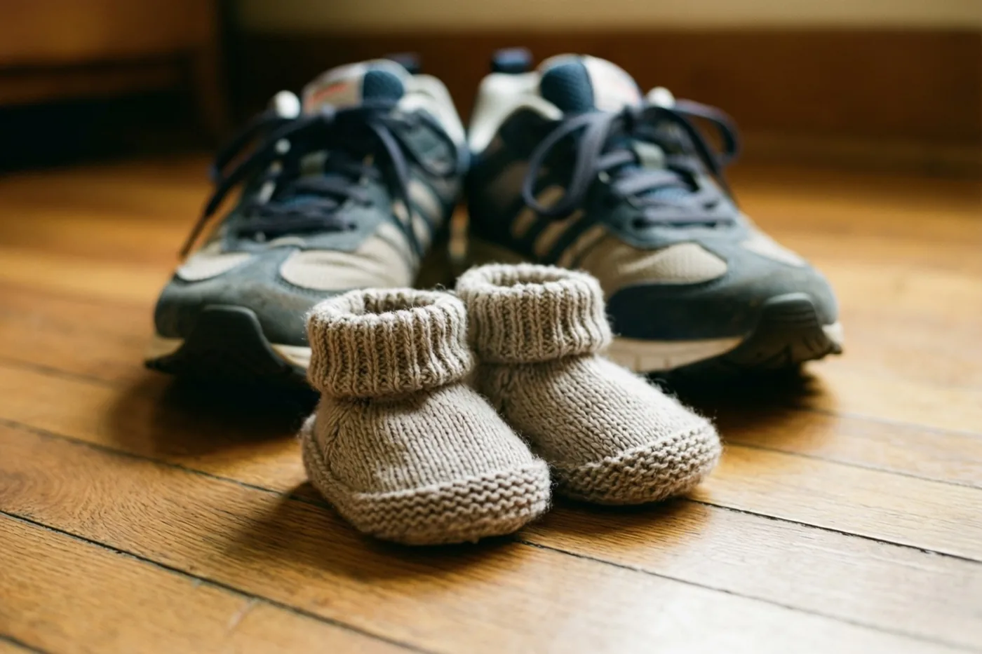 Kleine beige gebreide babyschoentjes staan voor sneakers voor volwassenen op een houten vloer, met warm licht en een wazige achtergrond.
