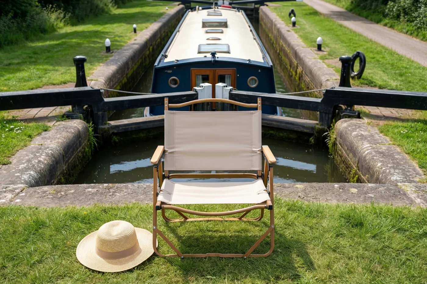Een beige campingstoel en een strohoed staan op groen gras naast een kanaalsluis, waarin een blauwe en crèmekleurige woonboot ligt onder een heldere zomerhemel.