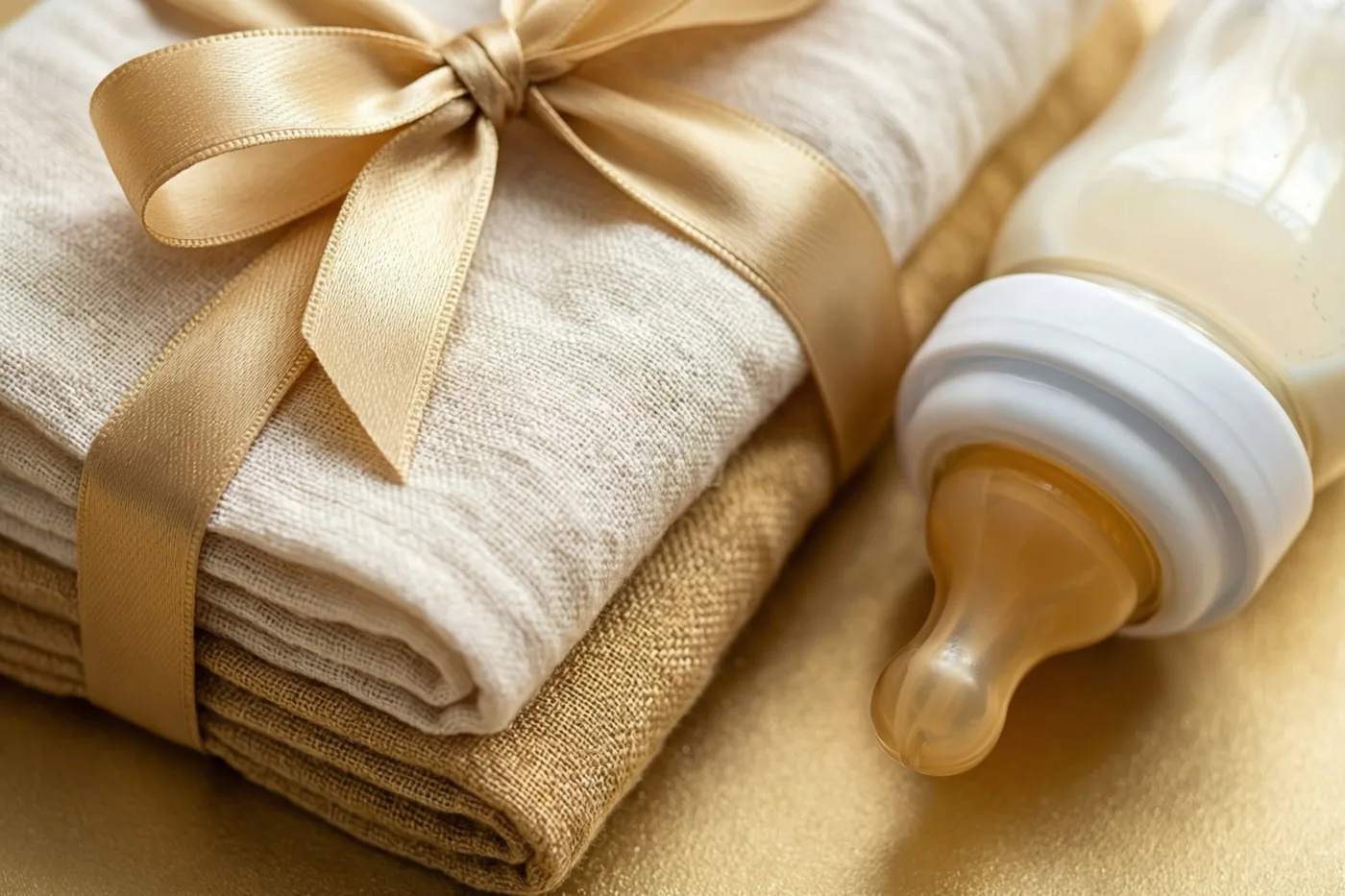 Een stapel beige mousselinedoeken met een goudkleurig satijnen lint ligt naast een babyfles met melk op een goudkleurig oppervlak met structuur.