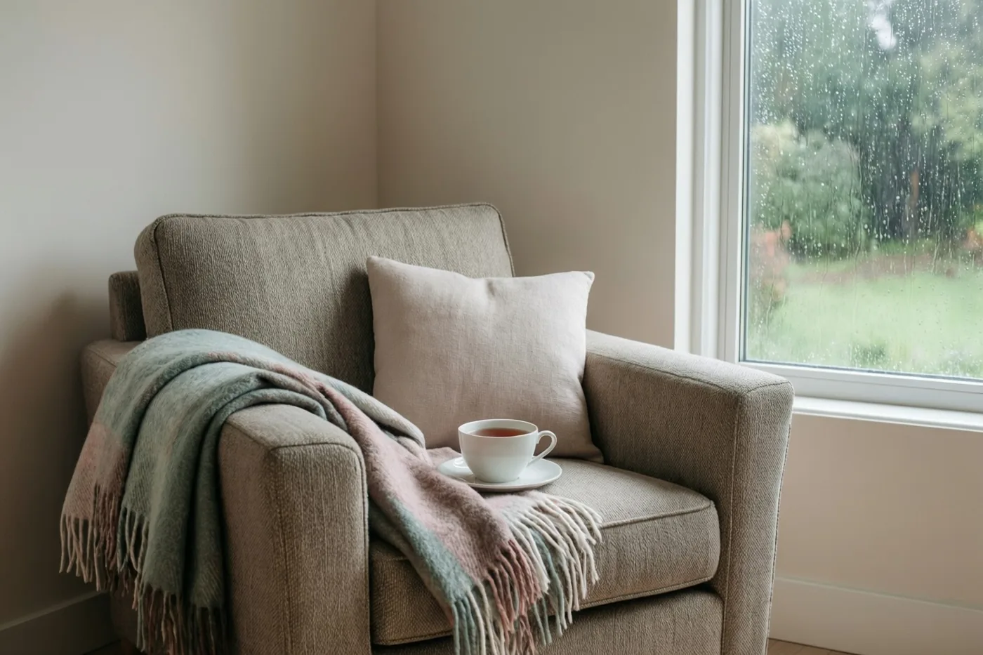 Een beige fauteuil met een pastelkleurige deken en een wit theekopje staat in zacht licht naast een raam met regen op het glas.