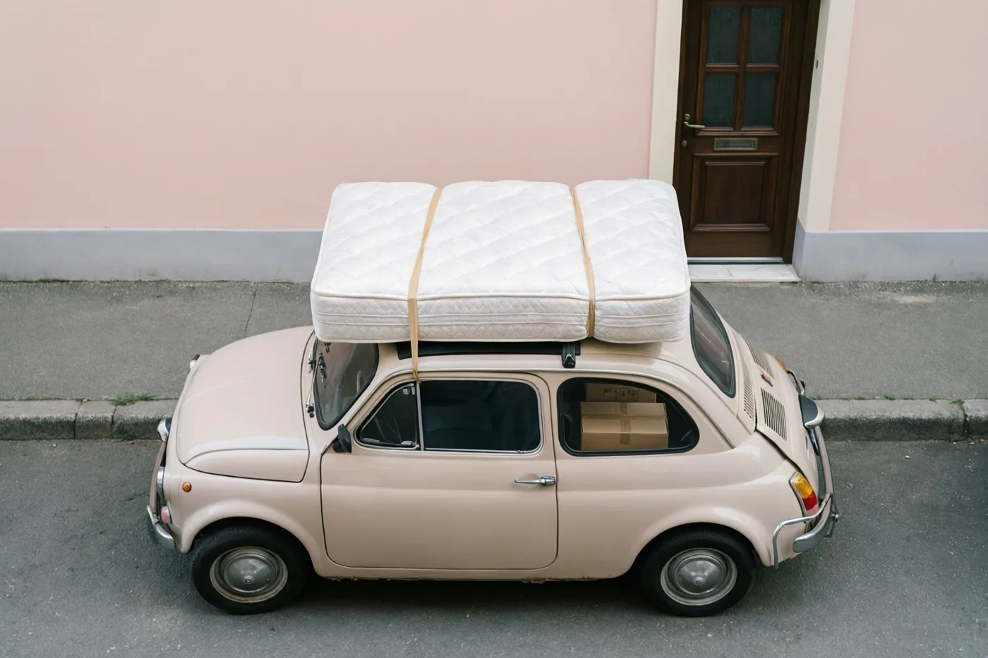 Een beige vintage Fiat 500 staat met een vastgebonden matras op het dak voor een roze muur en een donkere houten deur, met kartonnen dozen zichtbaar achter de achterruit.