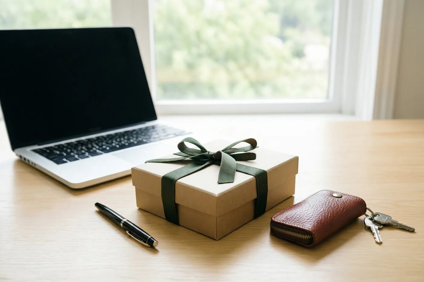 Een beige geschenkdoos met een groen lint staat op een licht houten bureau naast een zwarte pen, een bruin leren sleuteletui met sleutels en een zilverkleurige laptop met zwart scherm.