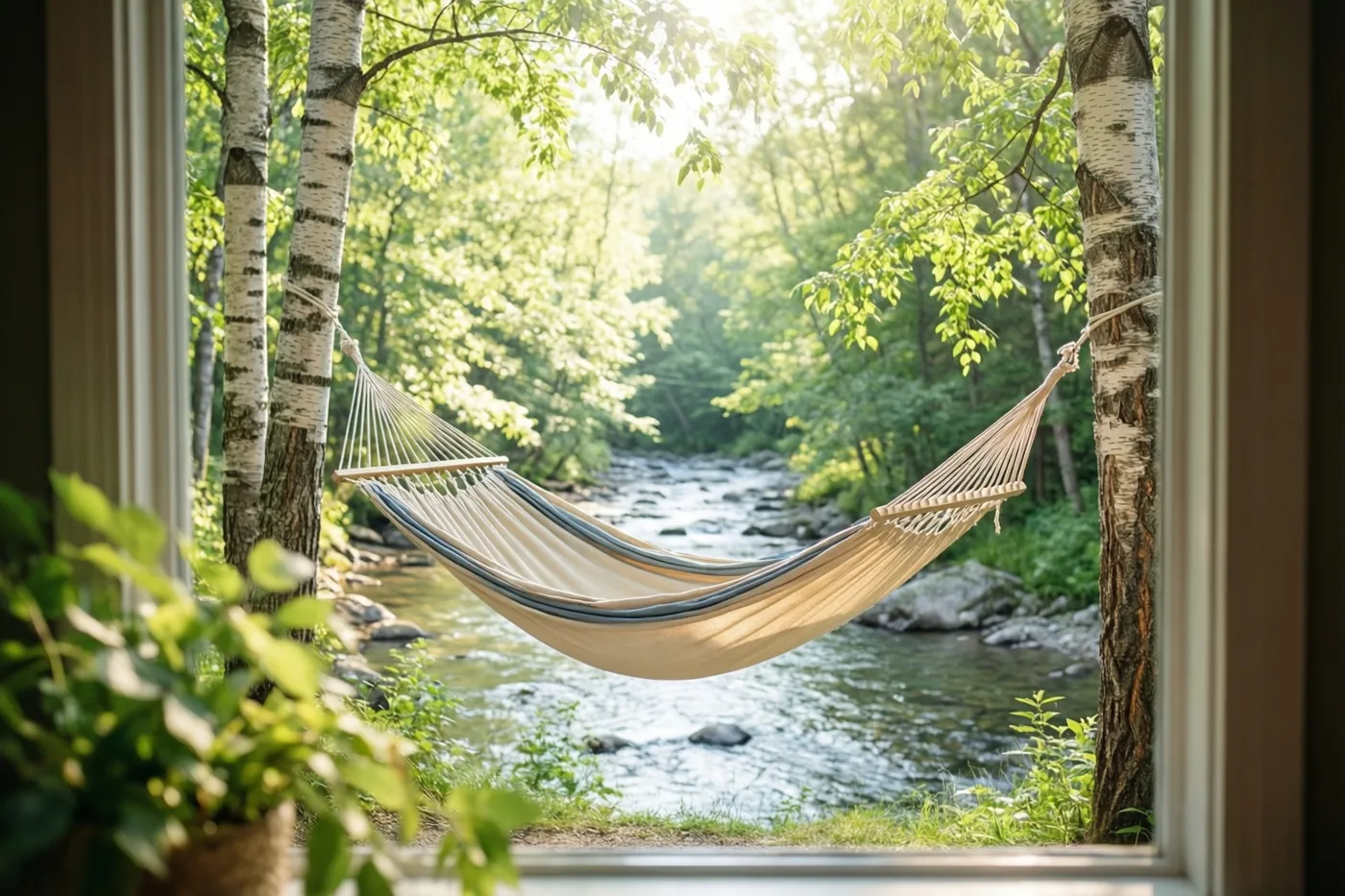 Vanuit een kamer is door een raam een beige hangmat met blauwe rand tussen twee berken te zien, met uitzicht op een heldere beek in zomers zonlicht.