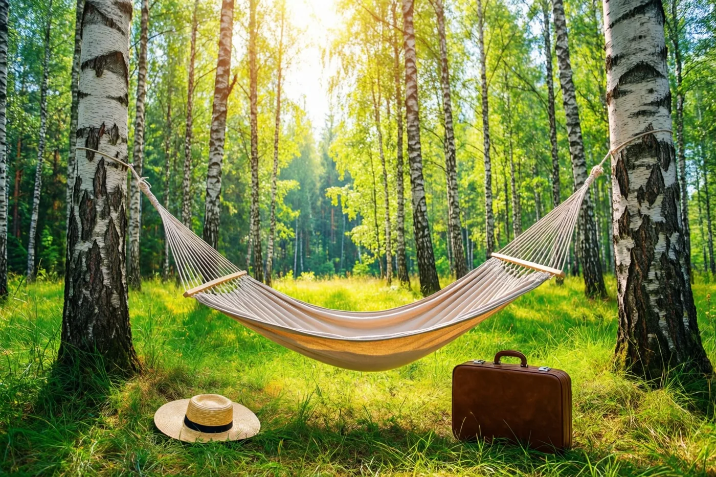Een beige hangmat hangt tussen twee berken op een zonnige open plek in het bos, met een strohoed en een bruine aktetas op het gras onder het groene bladerdak.