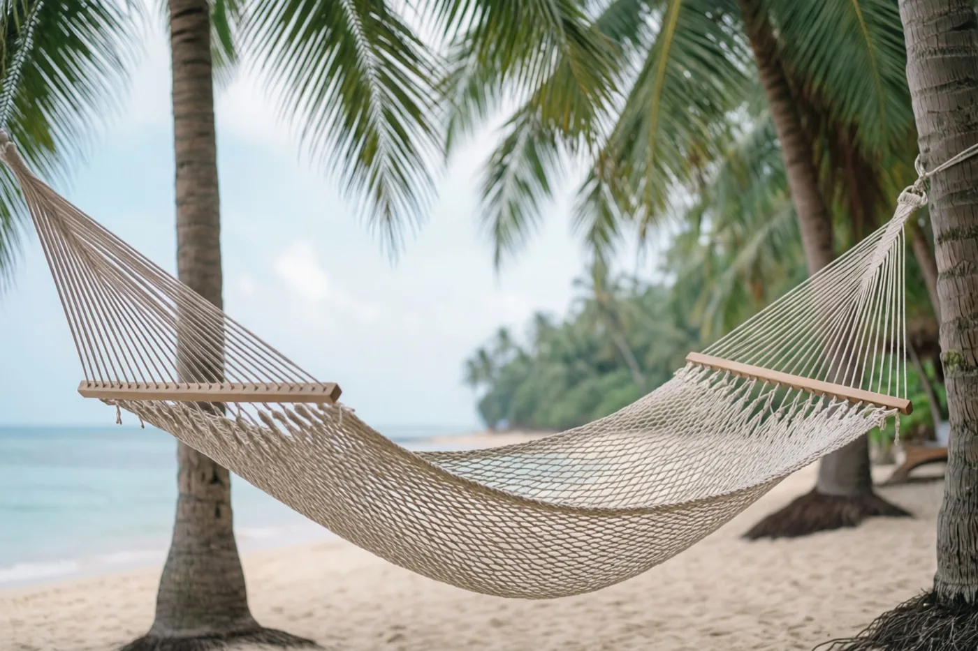 Een beige geweven hangmat hangt tussen twee palmbomen op een tropisch zandstrand, met zee en meer palmbomen onder een heldere hemel erachter.