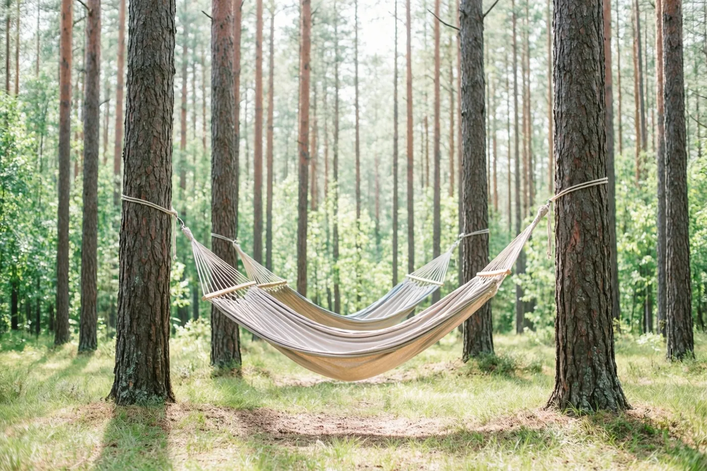 Twee beige hangmatten hangen naast elkaar tussen hoge dennen op een zonnige open plek in het bos, met groen gebladerte en gevlekt zonlicht.