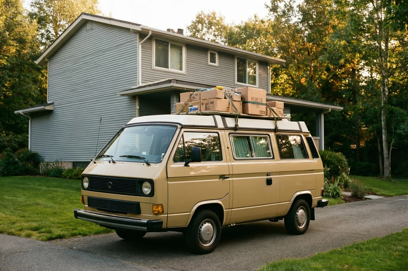 Een beige oude kampeerbus met kartonnen dozen op het dak staat in goudkleurig licht op een oprit voor een grijs huis met een verdieping, omringd door gras en bomen.