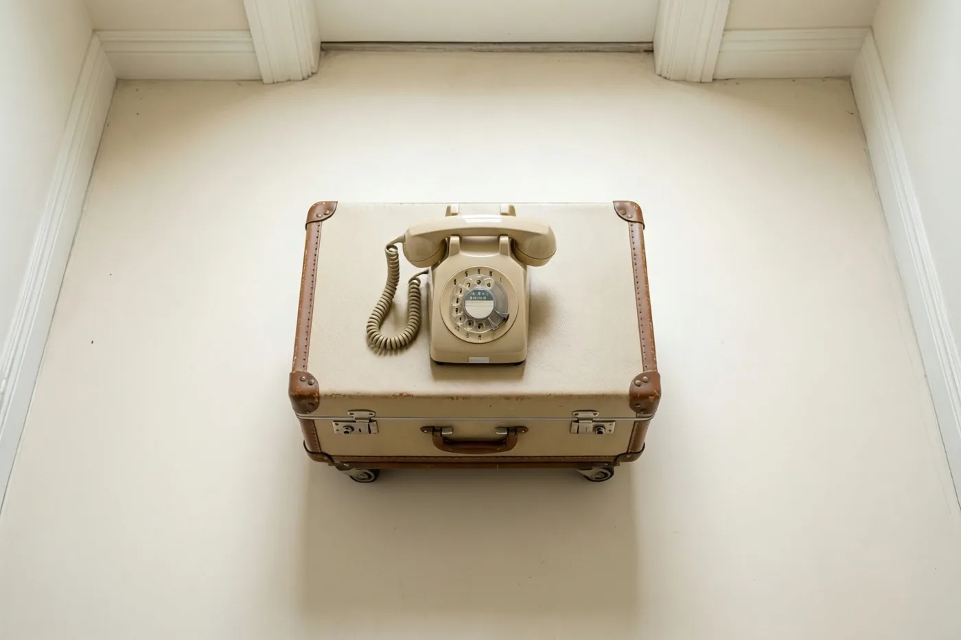 Een beige vintagekoffer met bruine leren randen en wieltjes staat op een witte vloer, met een beige draaischijftelefoon erbovenop.