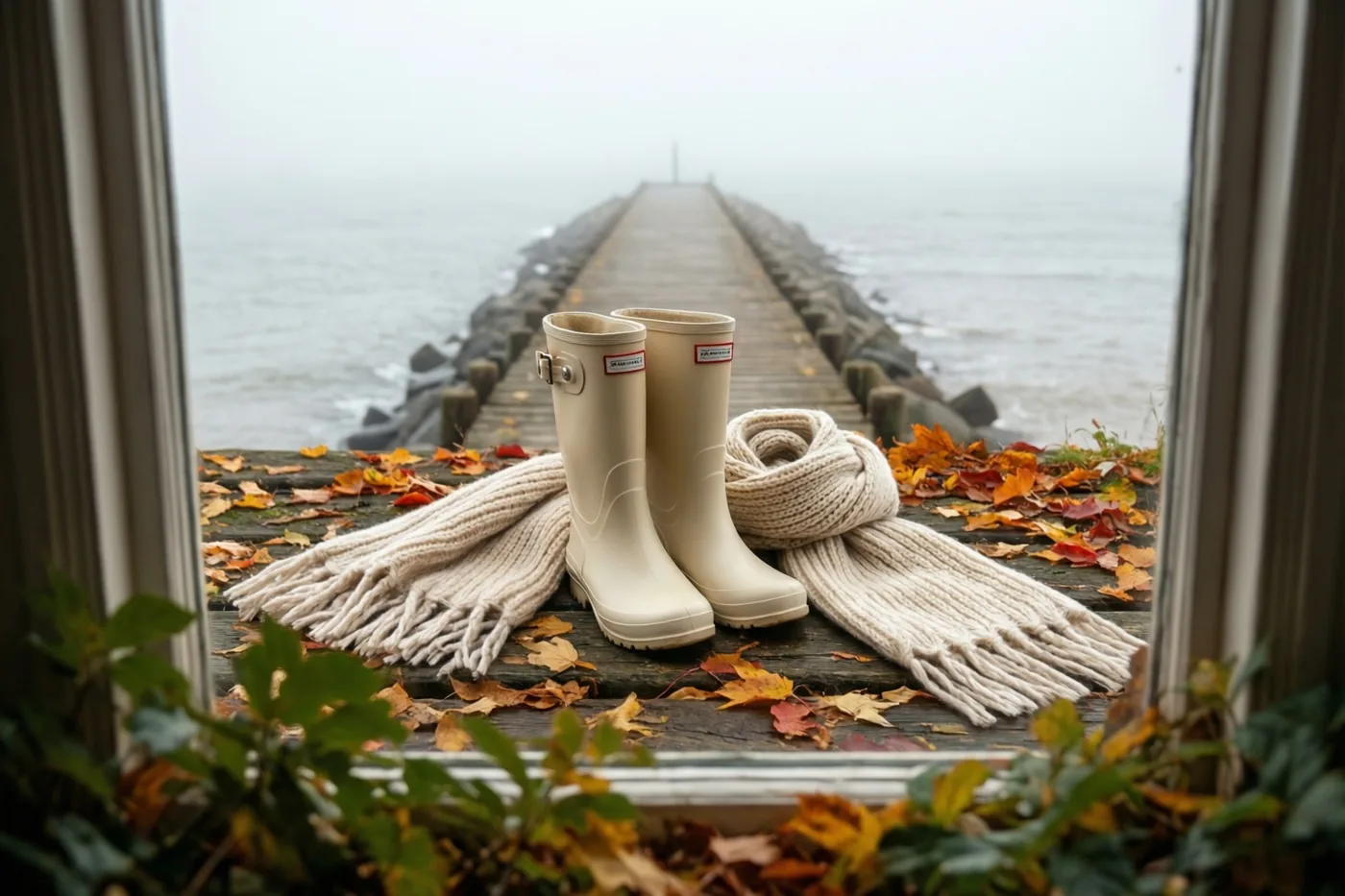 Door een raam zijn beige rubberlaarzen en een crèmekleurige wollen sjaal te zien op een houten golfbreker met herfstbladeren, met een mistige zee en een verre pier erachter.