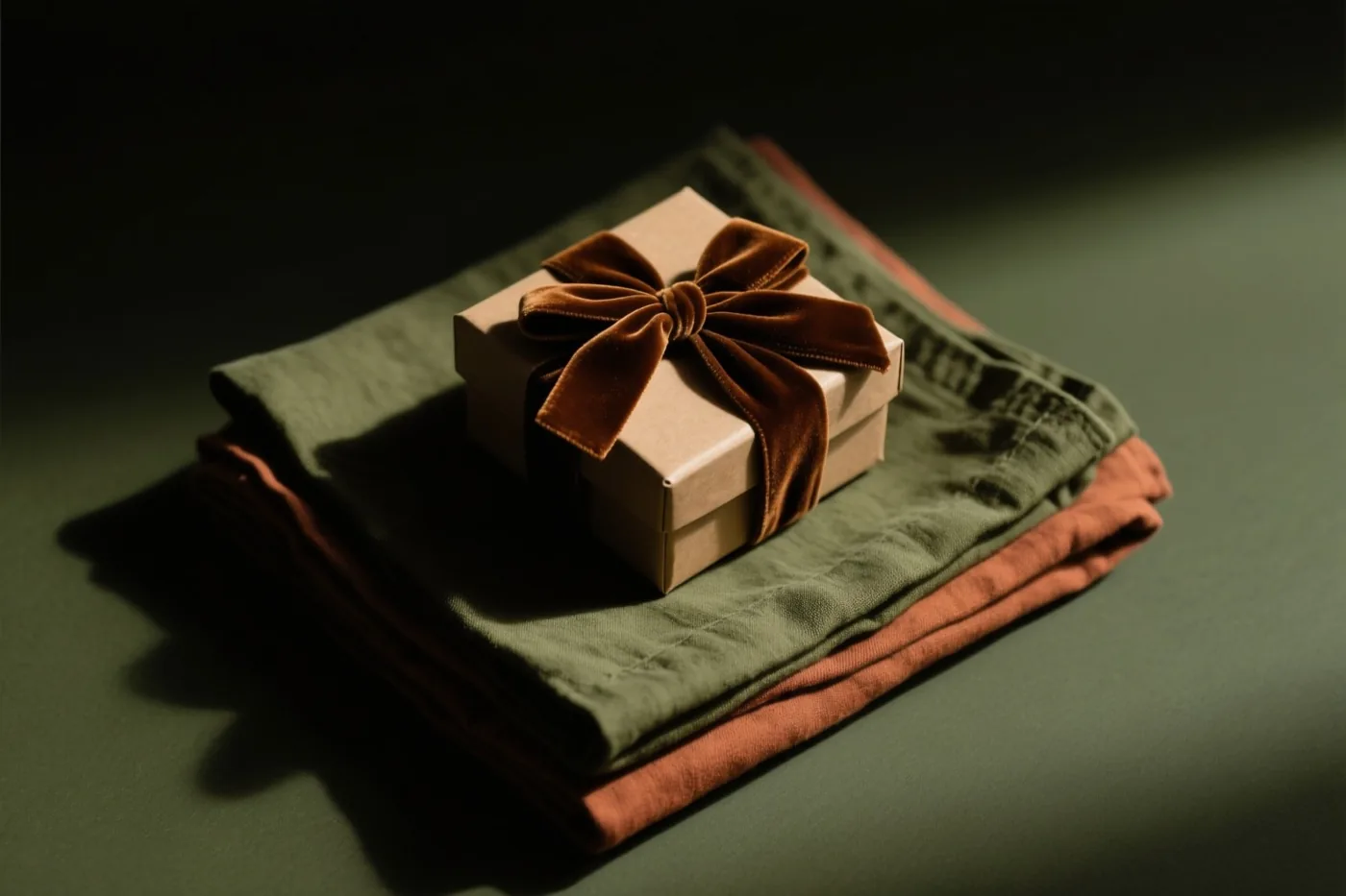 Een klein beige geschenkdoosje met een bruine fluwelen strik staat op opgevouwen groene en terracottakleurige linnen servetten in gericht licht tegen een donkere achtergrond.