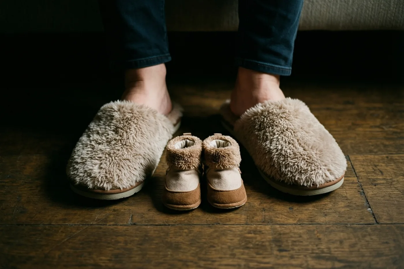 Volwassen voeten in pluizige beige pantoffels staan op een houten vloer naast kleine babyslofjes met hetzelfde ontwerp, in warm licht.