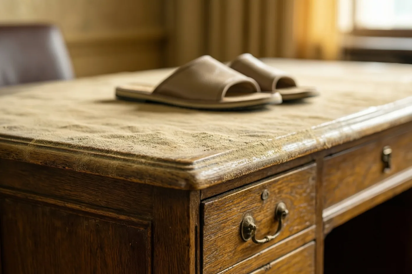 Een paar beige pantoffels ligt op het stoffige blad van een oud houten bureau met laden en messing handgrepen, in warm licht.