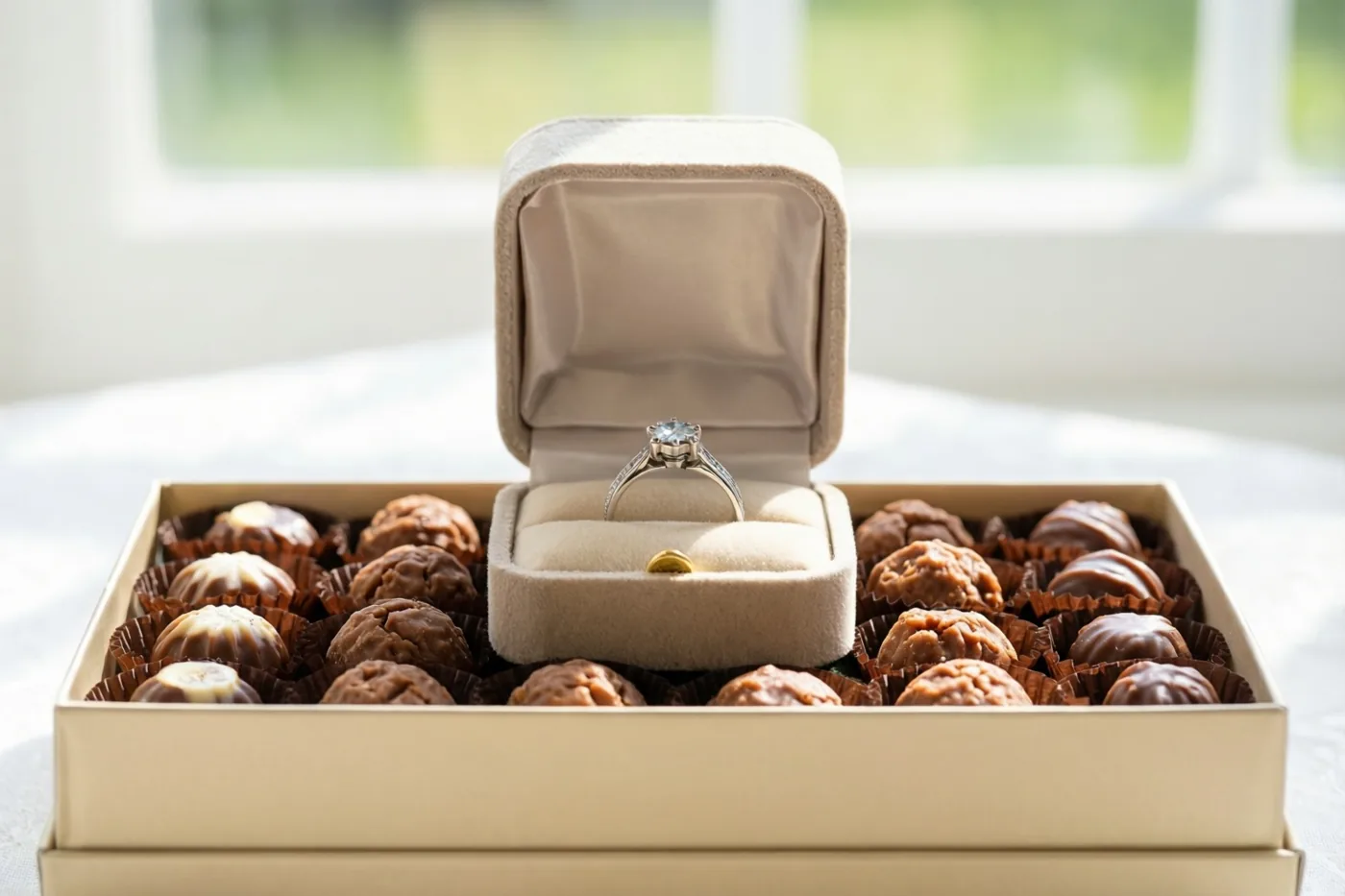 Een open beige fluwelen ringdoosje staat op een grotere doos met verschillende Belgische pralines, op een witte ondergrond met zacht daglicht uit een raam op de achtergrond.