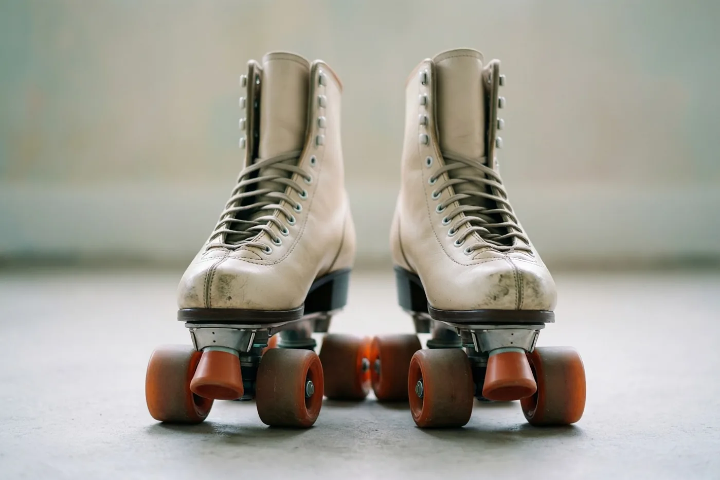 Een paar oude rolschaatsen met beige leren schoenen en oranje wielen staat naast elkaar op een lichtgrijze vloer.