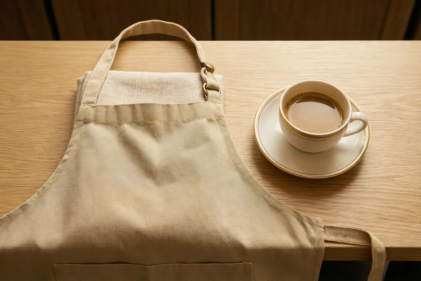 Een beige schort ligt opgevouwen op een lichte houten cafétoog naast een wit koffiekopje met een gouden rand, bij warm licht.