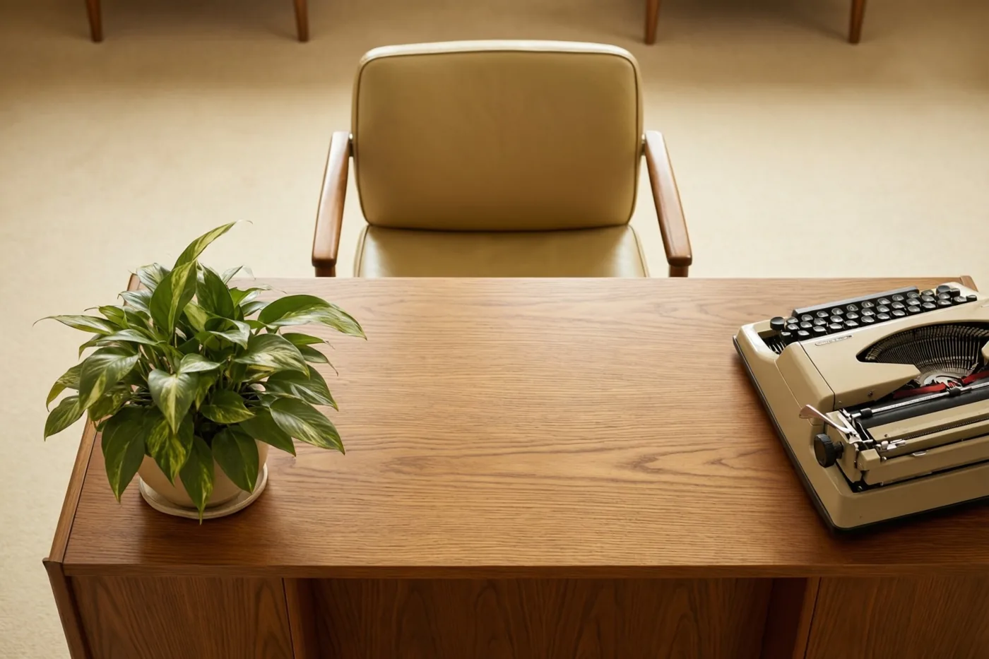 Een beige bureaustoel uit de jaren zestig staat achter een teakhouten bureau met een groene potplant en een beige typemachine.