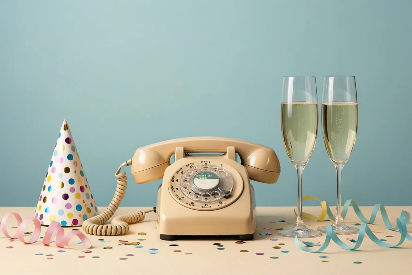 Een beige draaischijftelefoon staat op een licht oppervlak naast twee champagneglazen, een gestippeld feesthoedje, kleurrijke slingers en confetti tegen een lichtblauwe achtergrond.