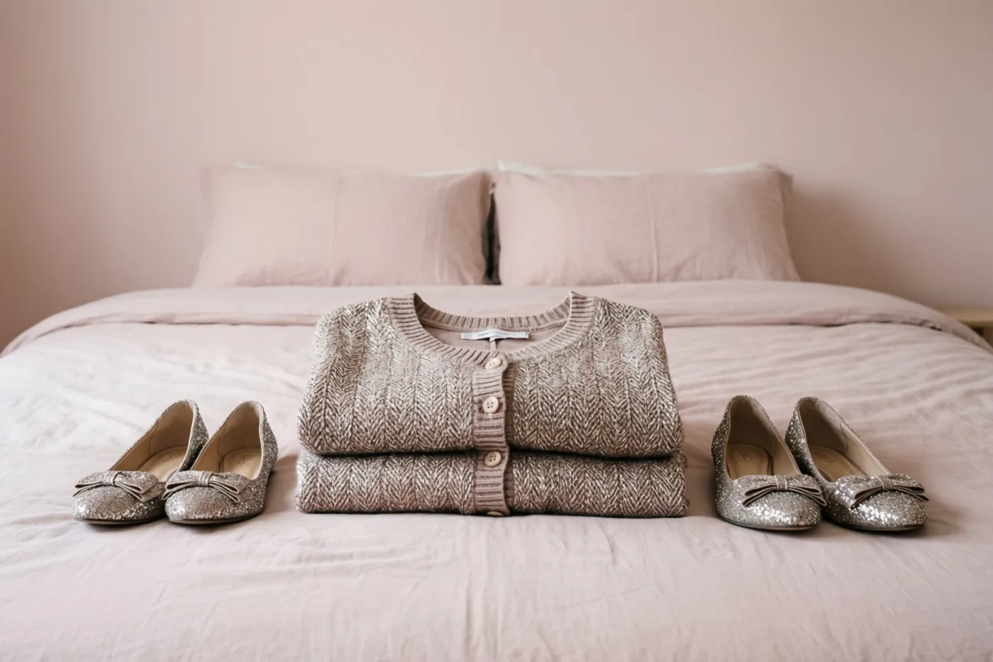 Een opgevouwen beige vest met structuur ligt op een bed met lichtroze beddengoed tussen twee paar kleine zilveren glitterschoenen met strikjes.