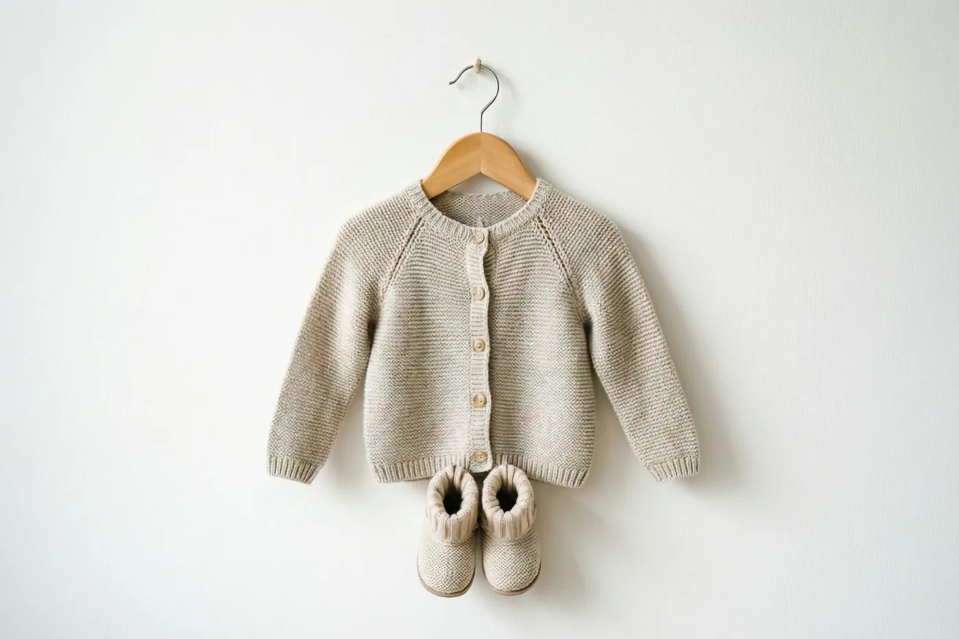 Een klein beige gebreid vestje met bijpassende slofjes hangt aan een houten kleerhanger tegen een effen witte muur.