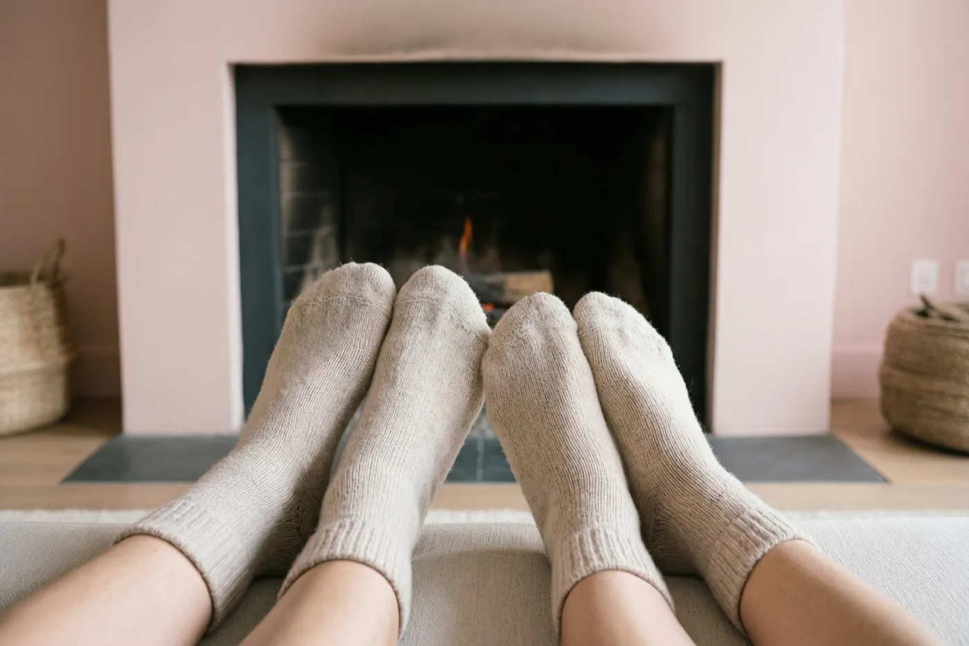 Twee paar voeten in beige wollen sokken rusten samen op een zetel tegenover een brandende haard in een woonkamer met zachtroze muren en daglicht.