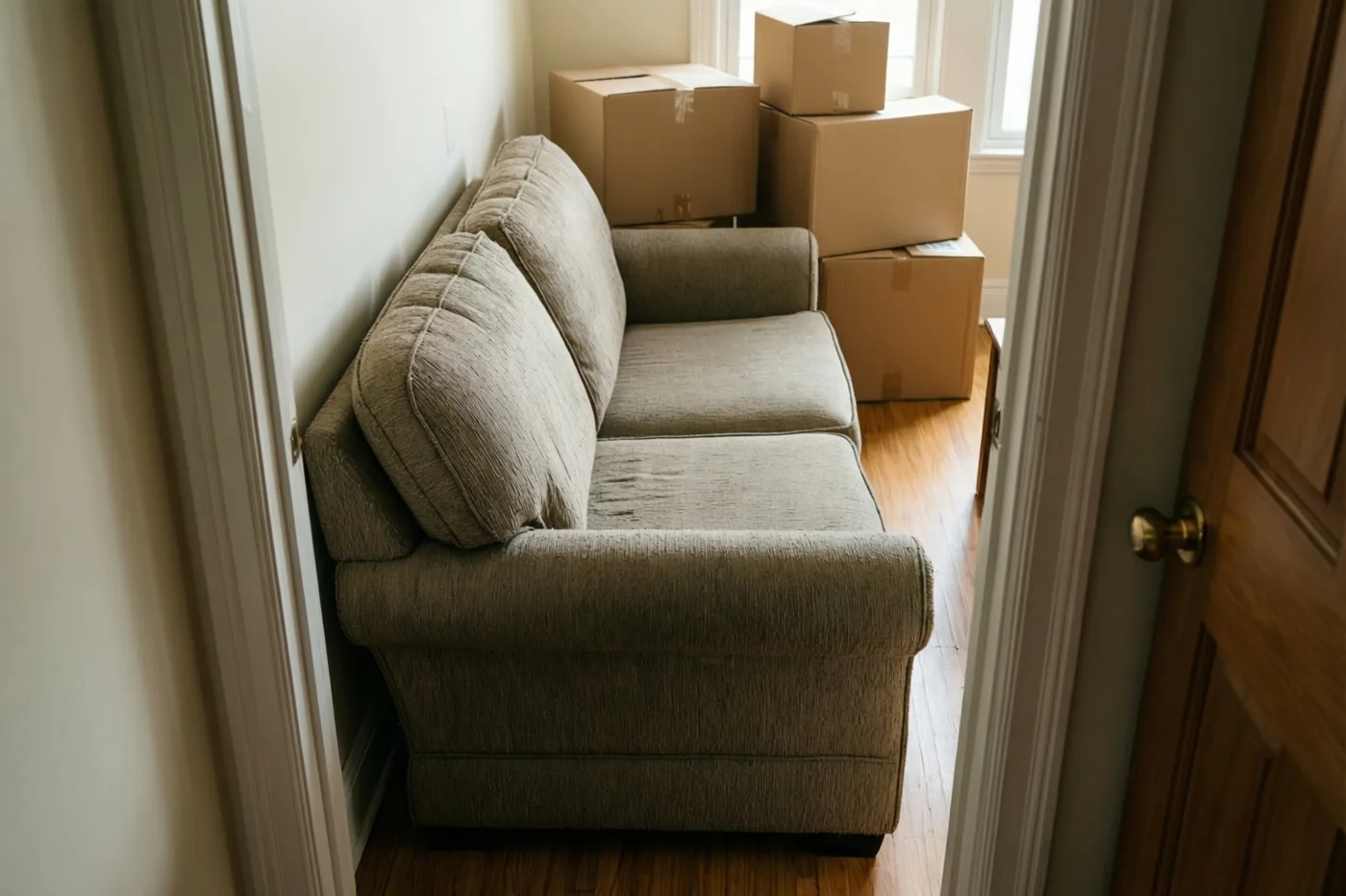 Een beige zetel staat dwars in een smalle deuropening, met kartonnen verhuisdozen erachter in een kamer met lichte muren en een houten vloer.