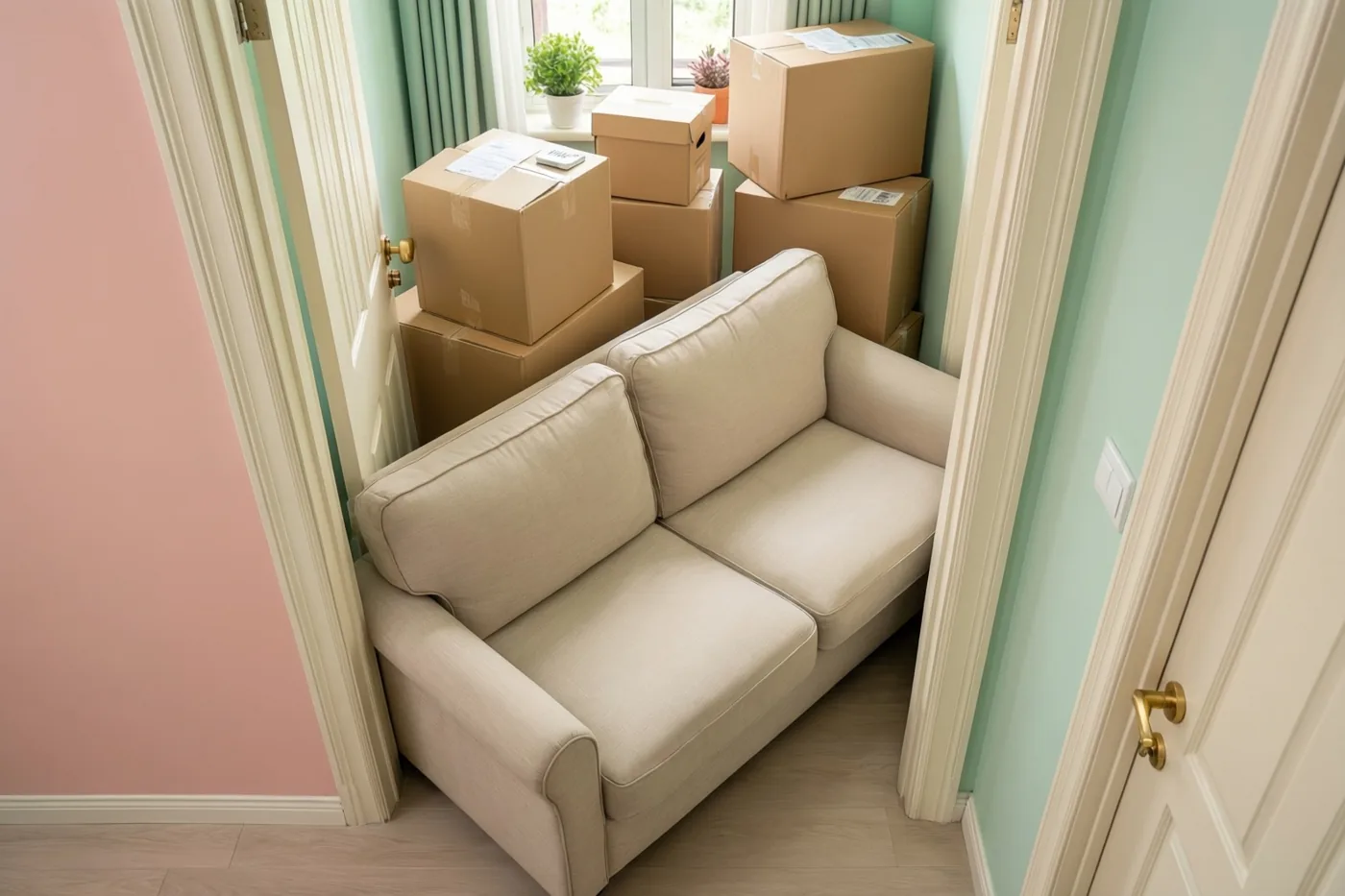 Een beige zetel staat dwars in een smalle deuropening, met gestapelde verhuisdozen erachter en roze en mintgroene muren rondom.