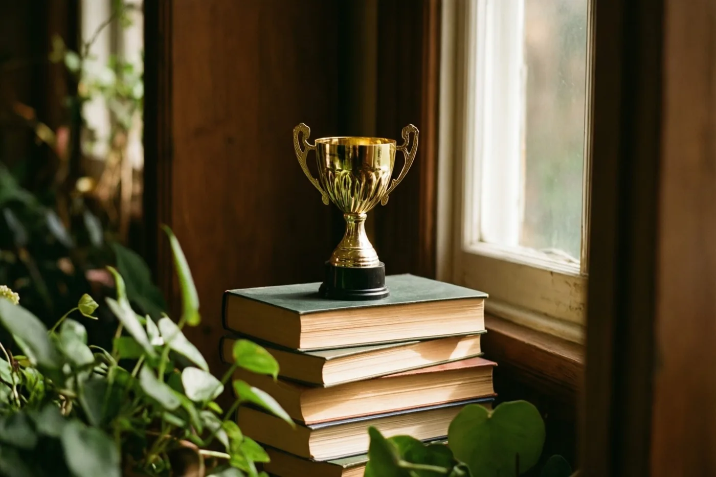 Een kleine gouden beker staat op boeken op een vensterbank in warm zonlicht, met groene planten en houten wanden eromheen.