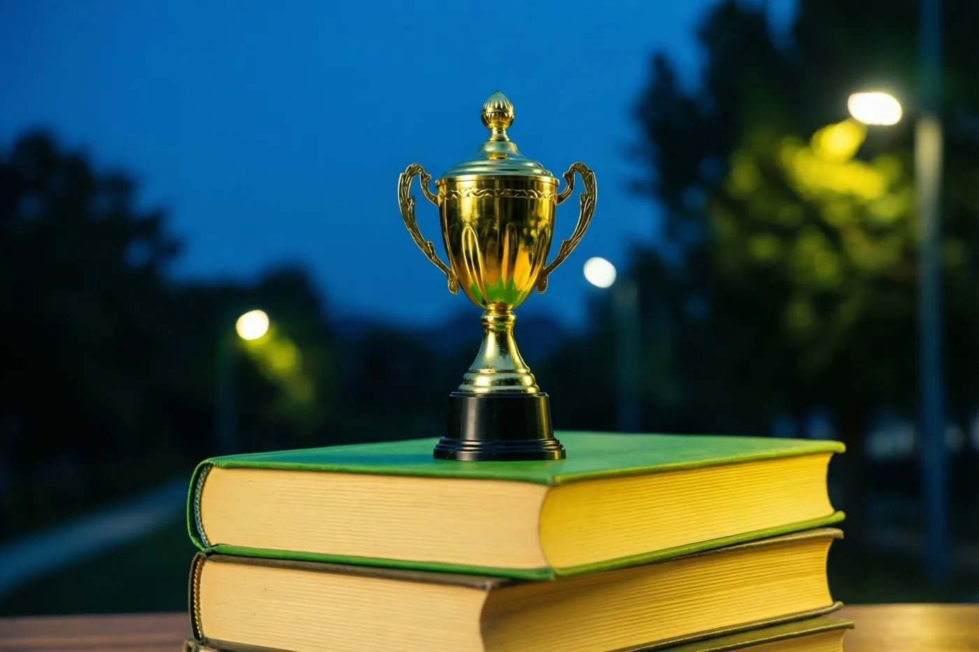 Een kleine gouden beker staat op drie dikke studieboeken buiten in de schemering, verlicht door straatlampen onder een diepblauwe hemel.