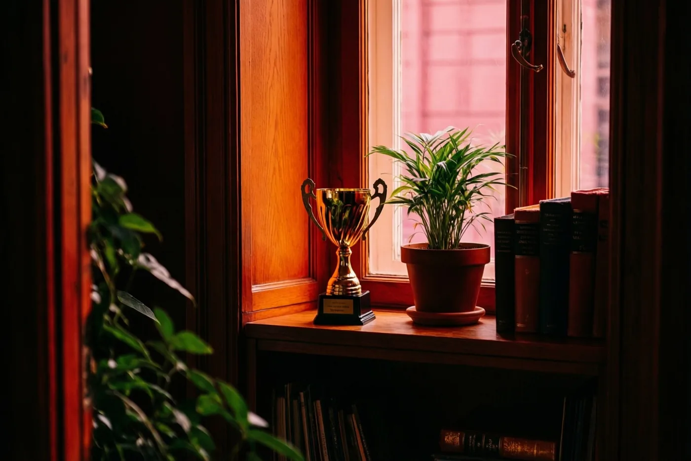Een kleine gouden beker staat op een houten plank naast een potplant en een stapel boeken, in warm zonlicht dat door een raam valt.