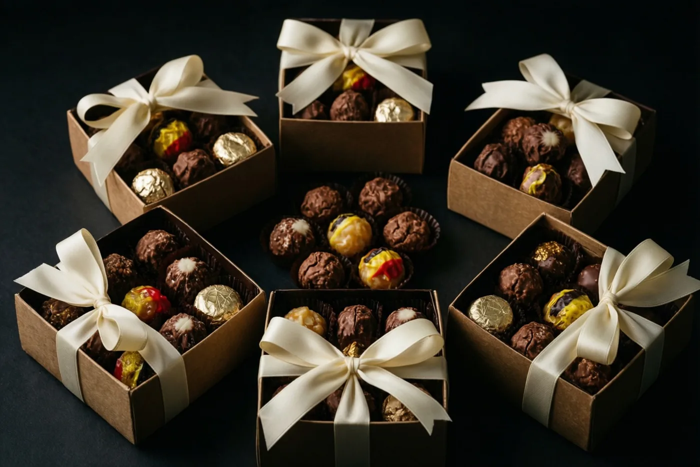 Bruine doosjes met verschillende Belgische pralines en ivoorkleurige linten staan op een donkere ondergrond in licht dat bruine en gouden tinten benadrukt.