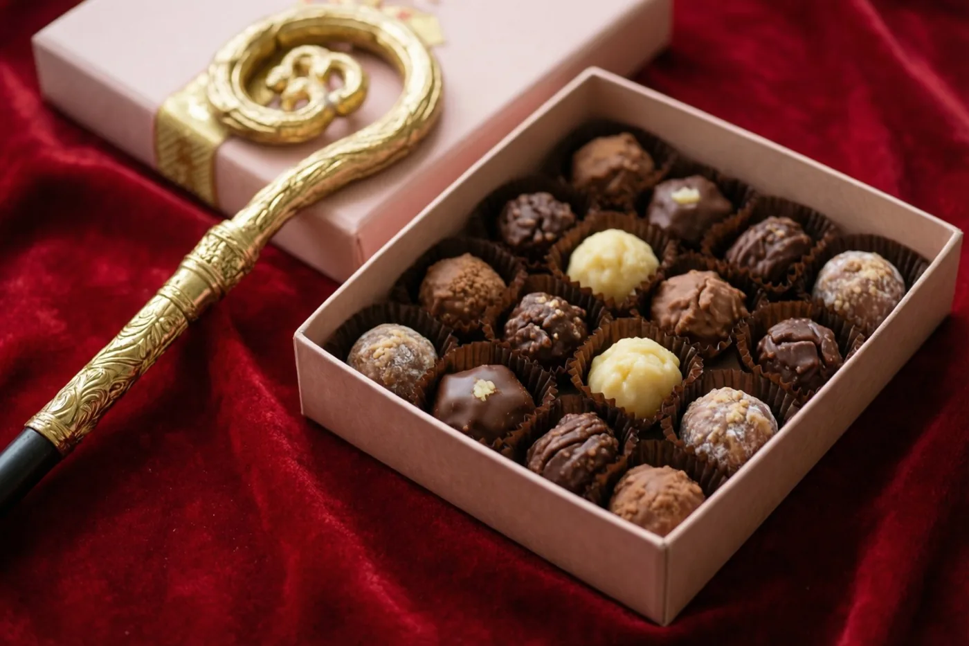 Een doos met verschillende Belgische pralines staat naast een gouden bisschopsstaf op rood fluweel in warm licht.