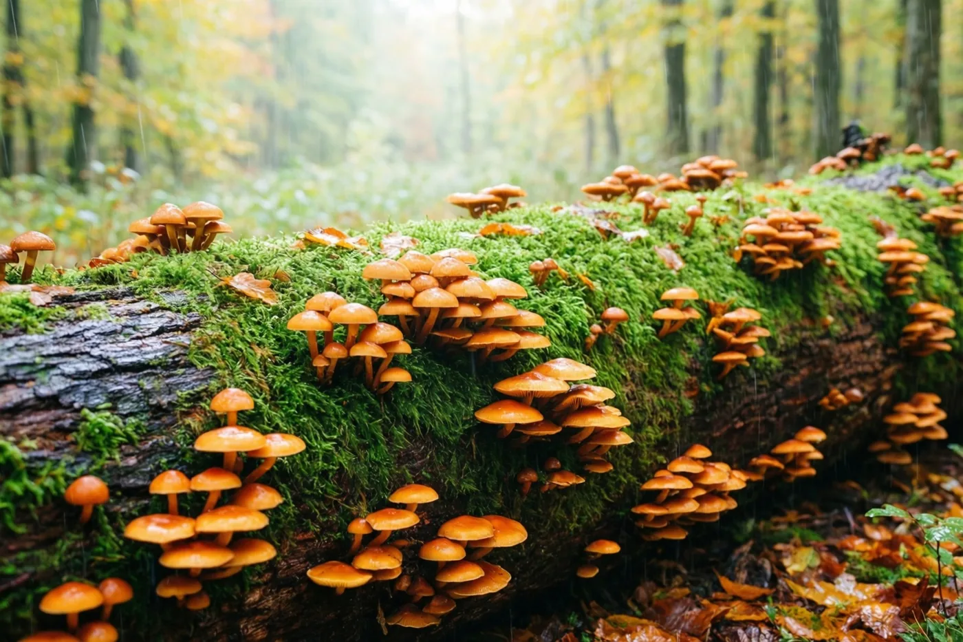 Een omgevallen boomstam met felgroen mos en groepjes kleine oranje paddenstoelen ligt in een mistig herfstbos waar regen valt.