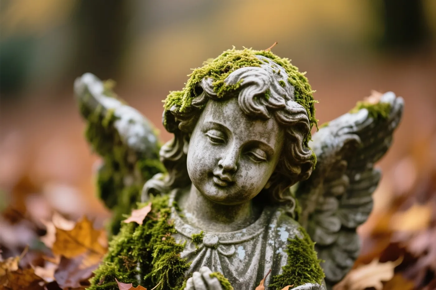 Een stenen engelenbeeld met gesloten ogen en vleugels is bedekt met groen mos en omringd door gevallen herfstbladeren in zacht, warm licht.