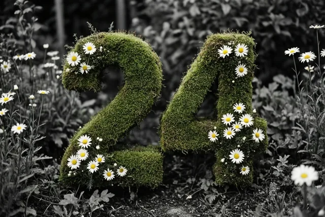 Het getal 24 is gevormd uit een met mos bedekte haag met madeliefjes in een landelijke tuin.