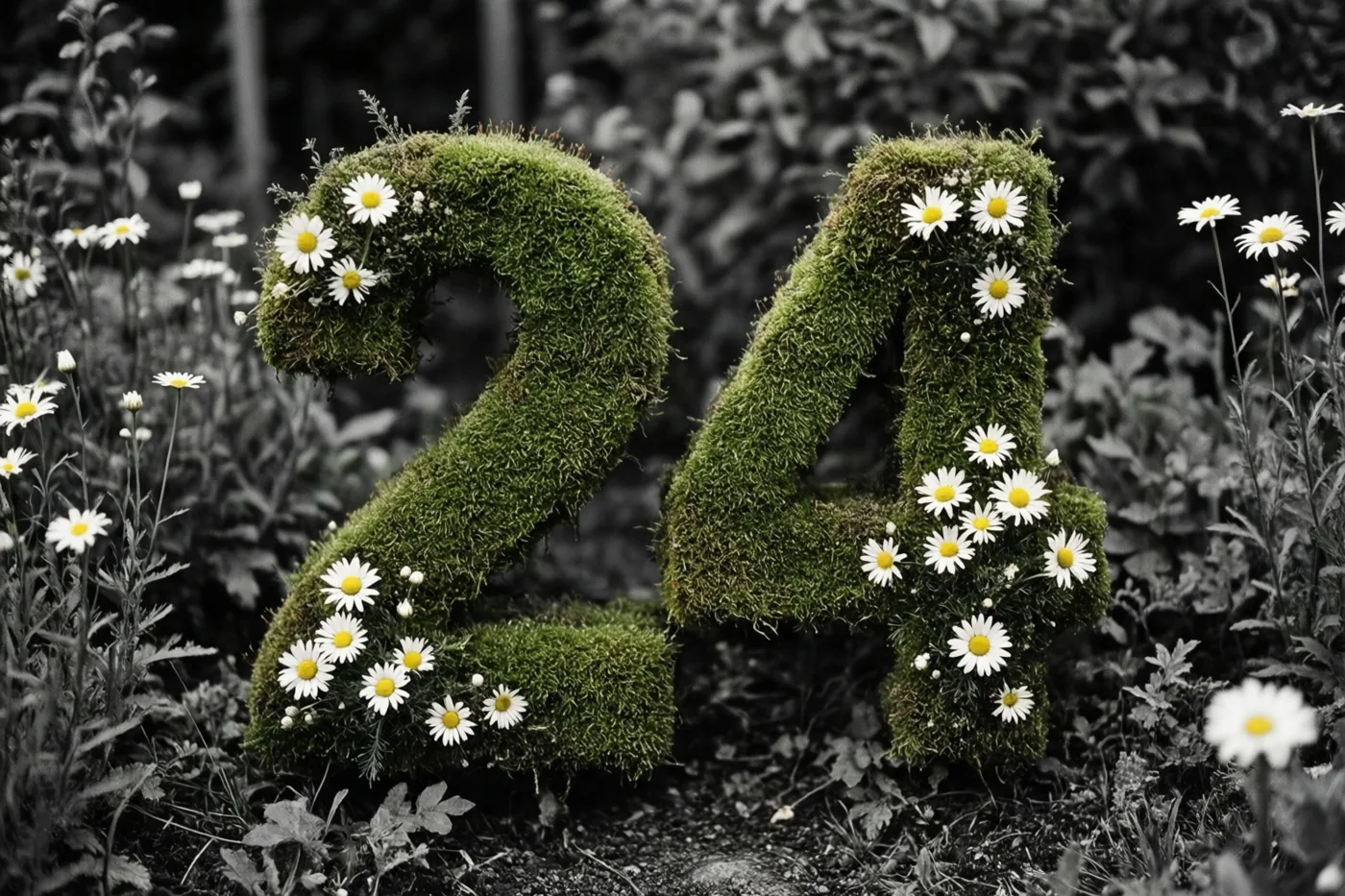 Het getal 24 is gevormd uit een met mos bedekte haag met madeliefjes in een landelijke tuin.