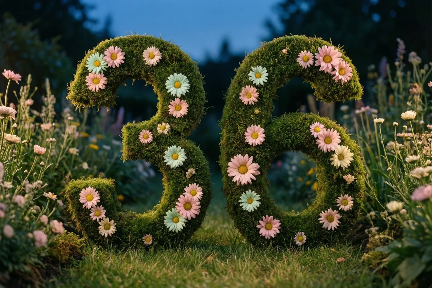 Een bemoste haag vormt het getal 36 met roze en witte madeliefjes in een landelijke tuin bij schemering, in zachte blauwe en groene tinten.