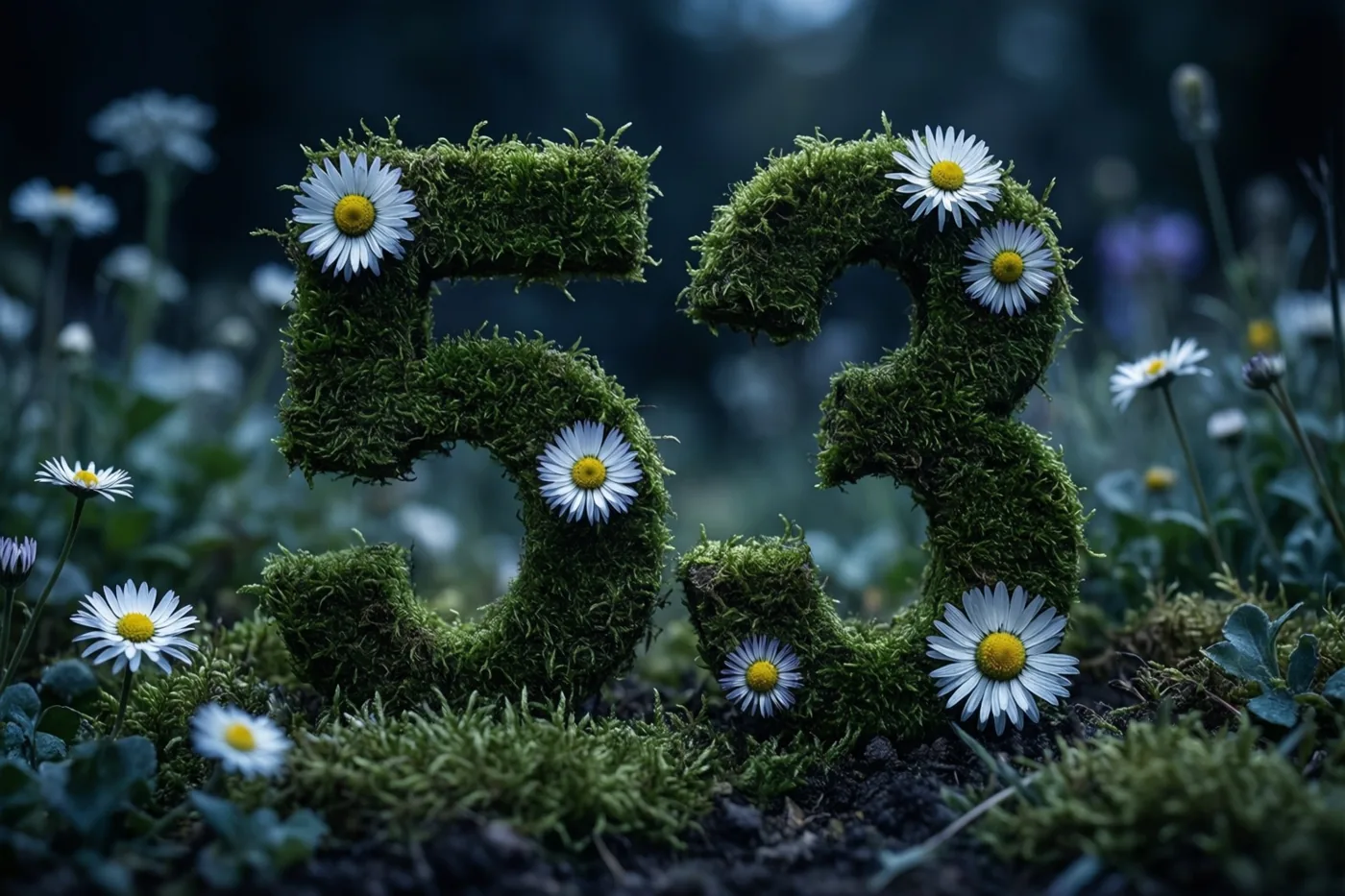 Een bemoste groene haag vormt 53 met witte madeliefjes in een landelijke tuin met groene, witte en donkere aardetinten.